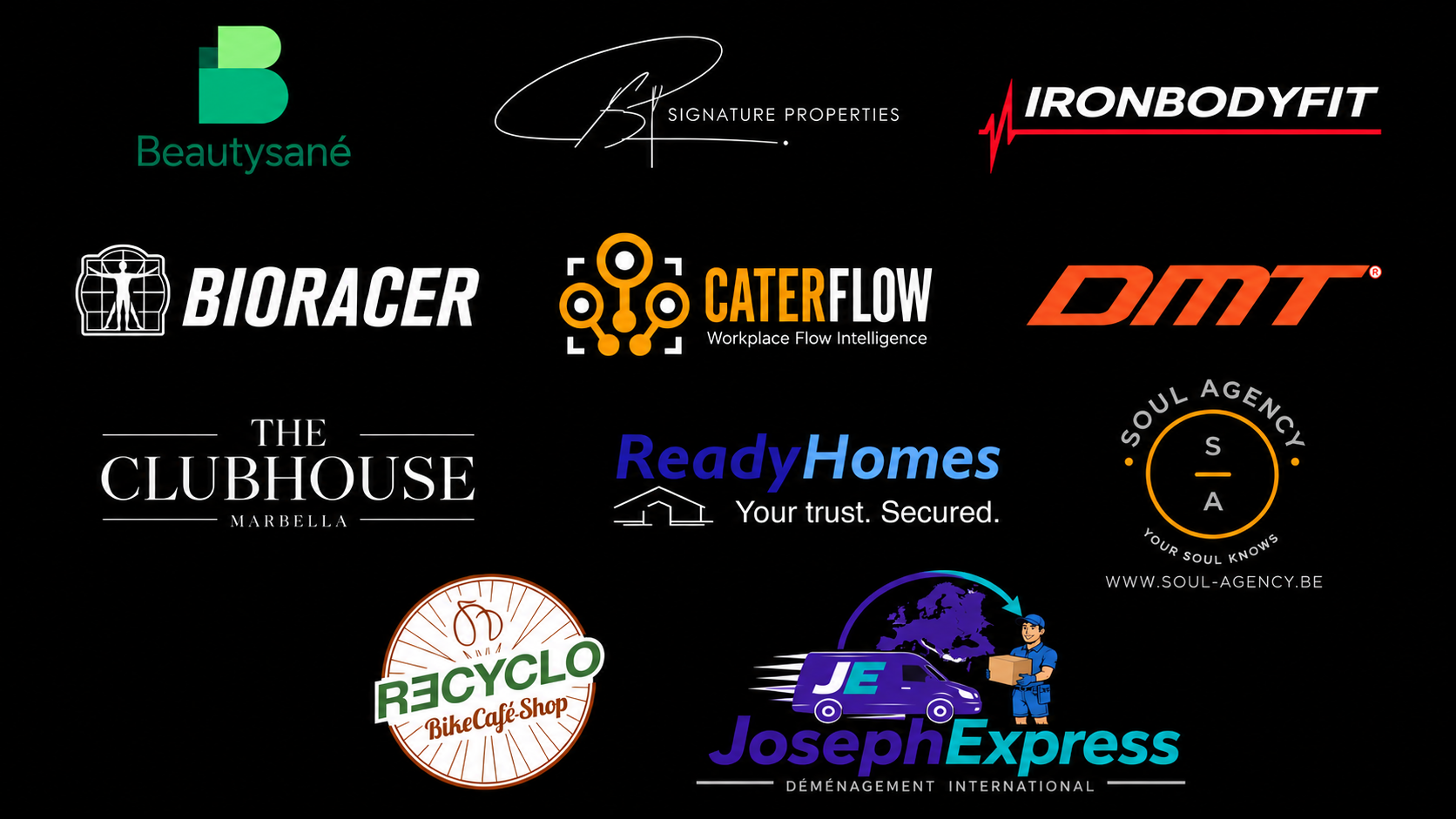 Logos des partenaires actuels de 1000 Miles : Beautysané, BP Signature Properties, Ironbodyfit, Bioracer, Caterflow, DMT, The Clubhouse Marbella, ReadyHomes, Soul Agency, Recyclo, Joseph Express